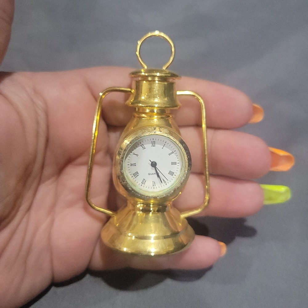Vintage Gold Tone Railroad Lantern Mini Clock Desk